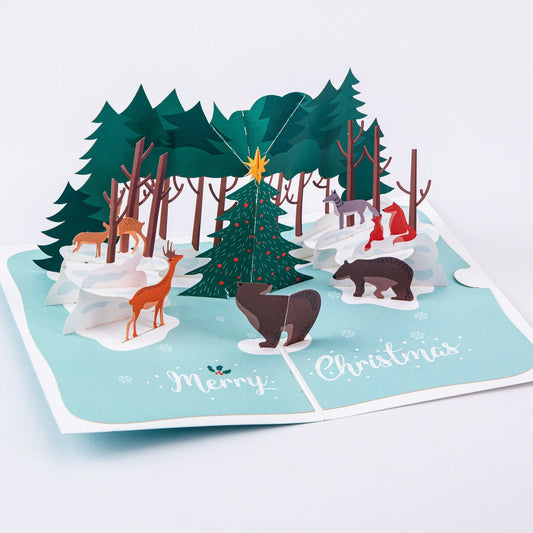 Merry Christmas Arctic Forest Pop-up Card - 3D Creative Unique Greeting Card - Laser Cut Card - with Envelope