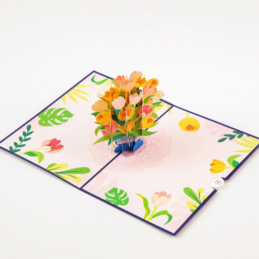 Spring Tulip Bouquet - Pop Up Flower Greeting Card with Envelope - Unique 3D Floral Greeting Card