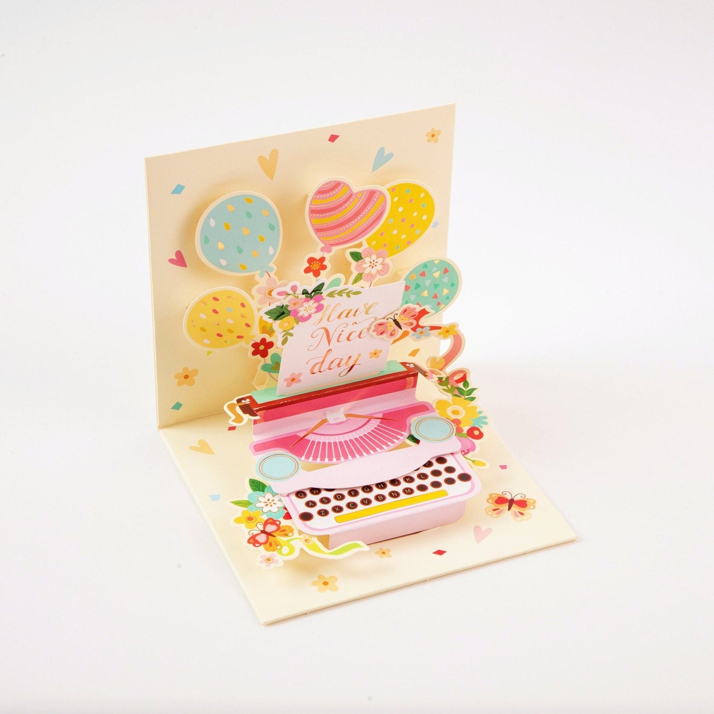 Typewriter in Flowers- Pop Up Greeting Card with Envelope - Unique 3D Greeting Card