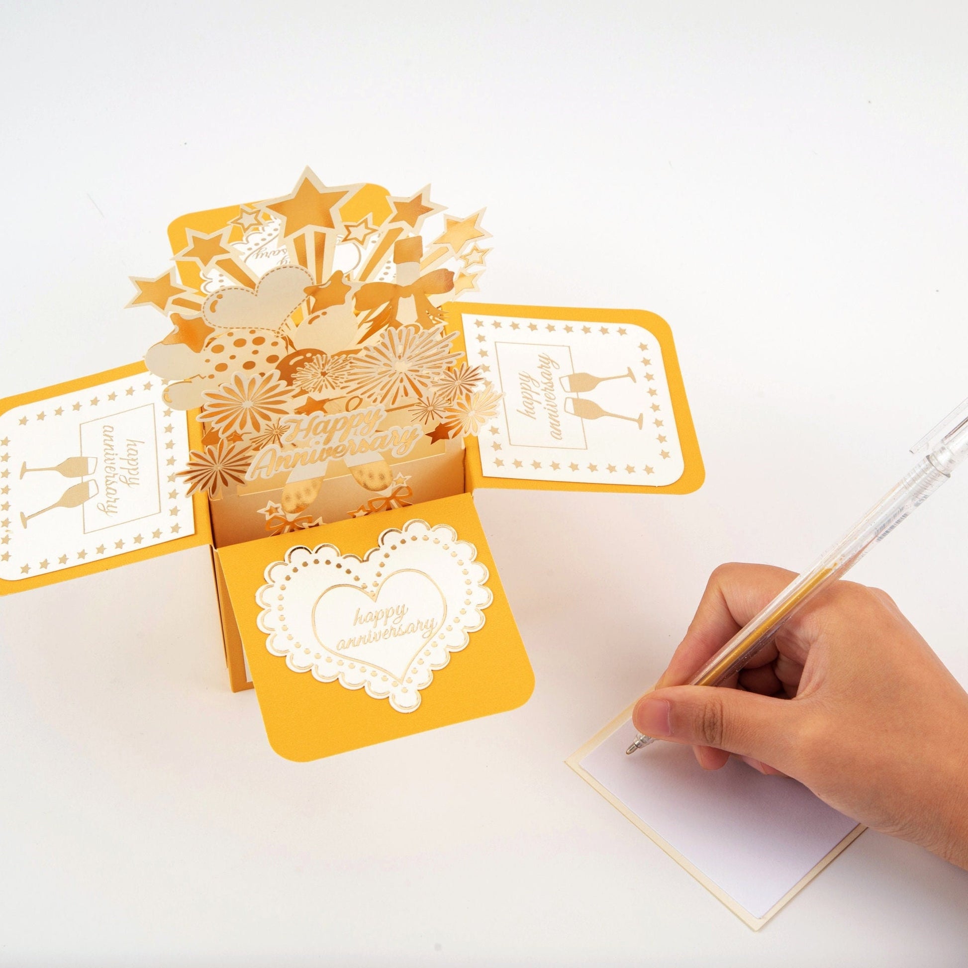 Golden Celebration - Pop Up Anniversary Card with Envelope - Unique 3D Greeting Card