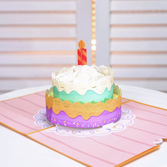 Birthday Cake with Lighted Candle - Pop Up Birthday Card with Envelope - Unique 3D Birthday Greeting Card