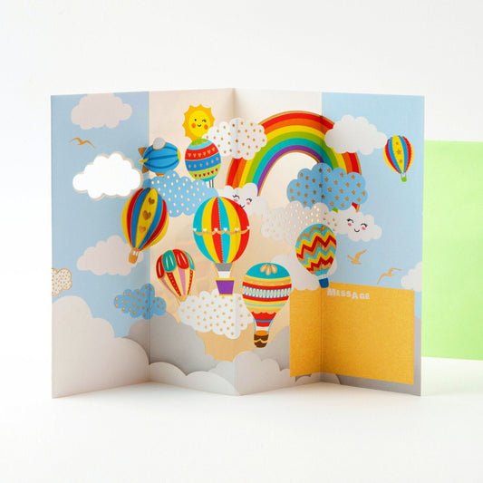 Hot Air Balloons Under The Rainbow - Pop Up Greeting Card with Envelope - Cute Greeting Card