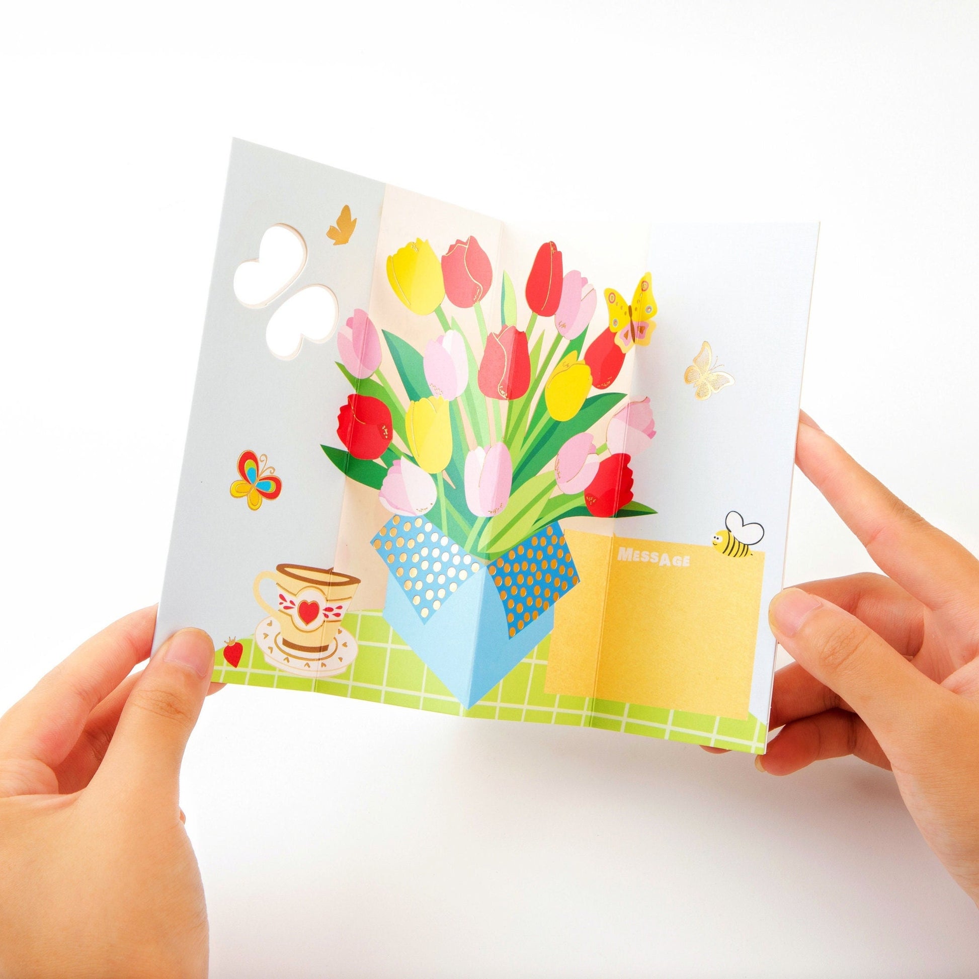 Tulip Bouquet and Butterflies - Pop Up Greeting Card with Envelope - Cute Greeting Card