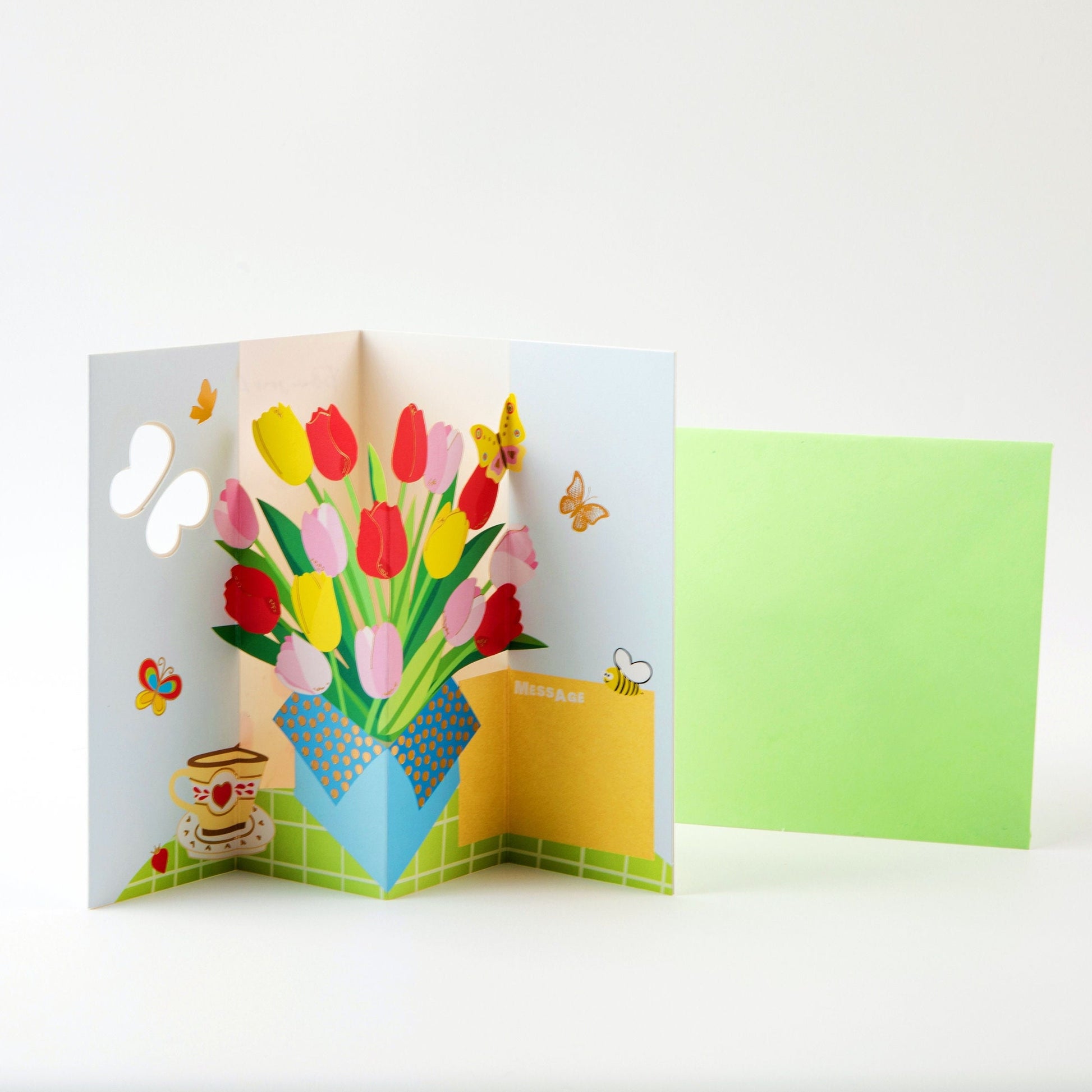 Tulip Bouquet and Butterflies - Pop Up Greeting Card with Envelope - Cute Greeting Card