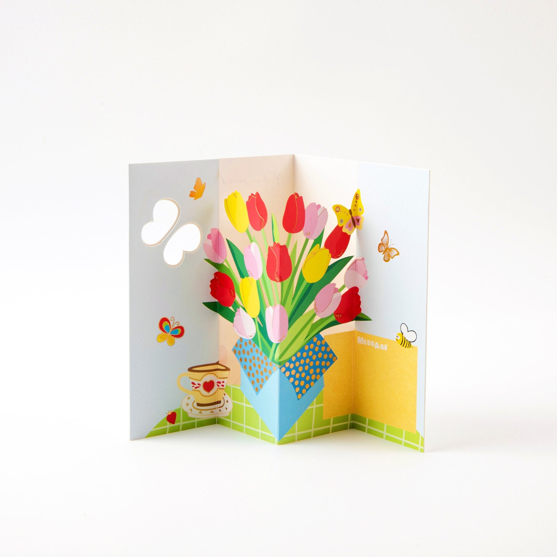 Tulip Bouquet and Butterflies - Pop Up Greeting Card with Envelope - Cute Greeting Card