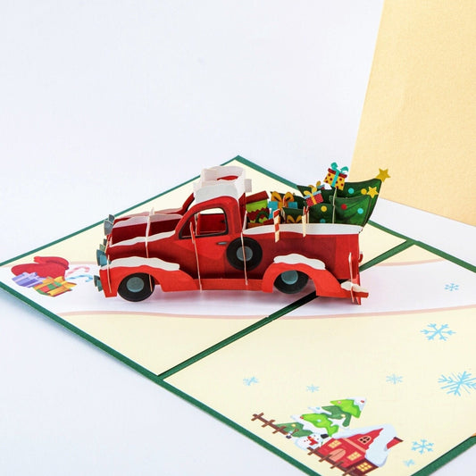 Red Truck With Christmas Tree - Merry Christmas Pop Up Greeting Card with Envelope - Unique 3D Holiday Greeting Card