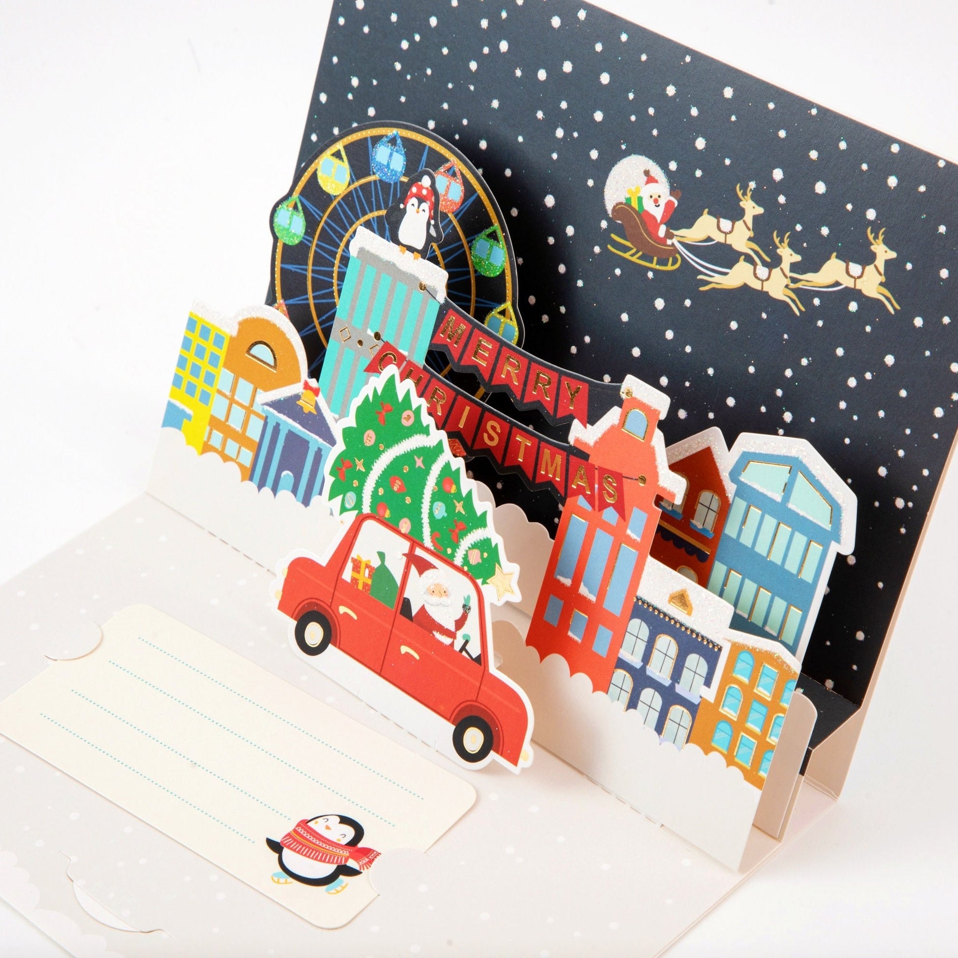 Whimsical Winter Town - Merry Christmas Pop Up Greeting Card with Envelope - Unique 3D Holiday Greeting Card