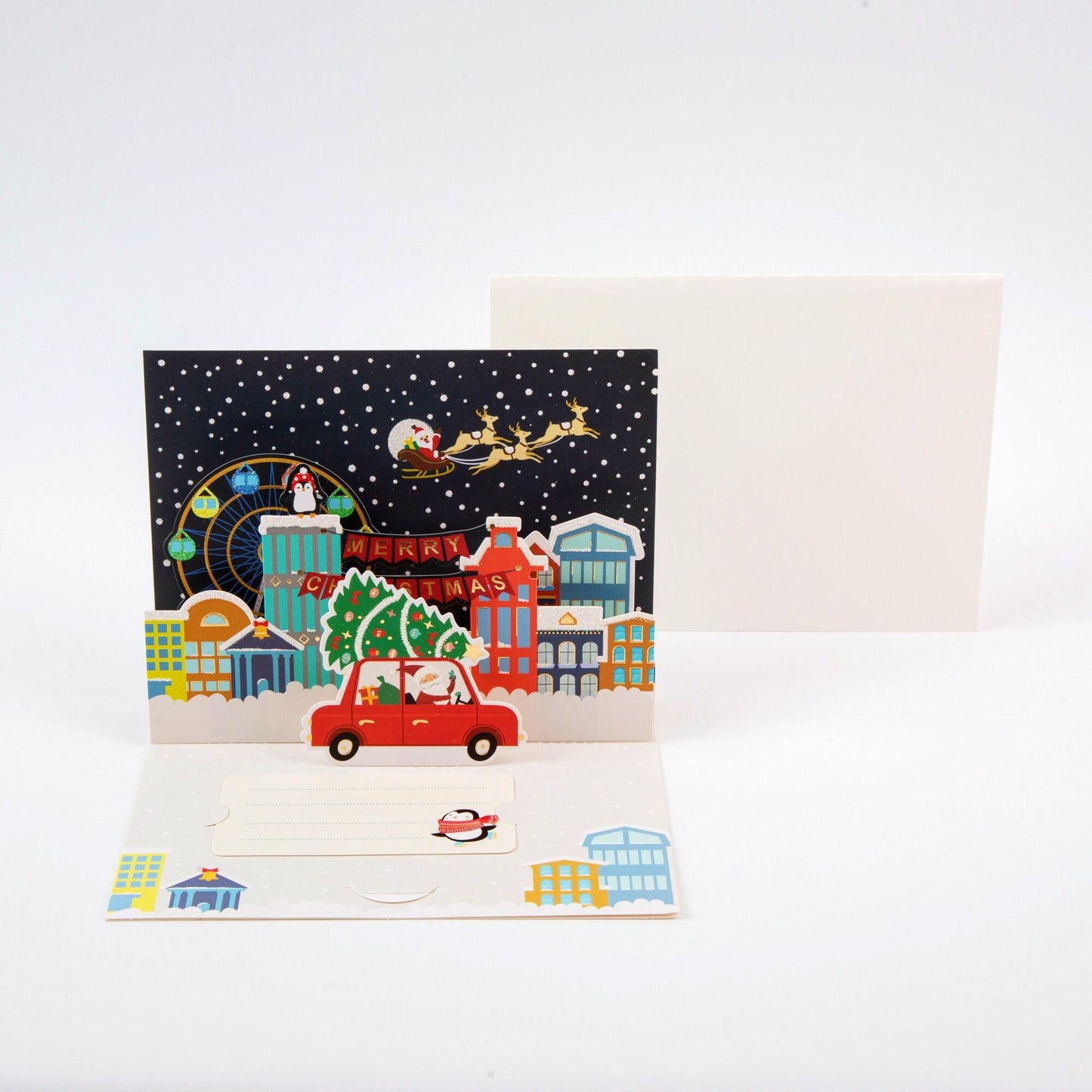 Whimsical Winter Town - Merry Christmas Pop Up Greeting Card with Envelope - Unique 3D Holiday Greeting Card