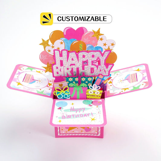 Customizable Pink Birthday Box - Pop Up Birthday Card with Envelope - Personalized 3D Birthday Greeting Card