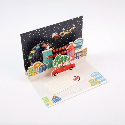 Whimsical Winter Town - Merry Christmas Pop Up Greeting Card with Envelope - Unique 3D Holiday Greeting Card