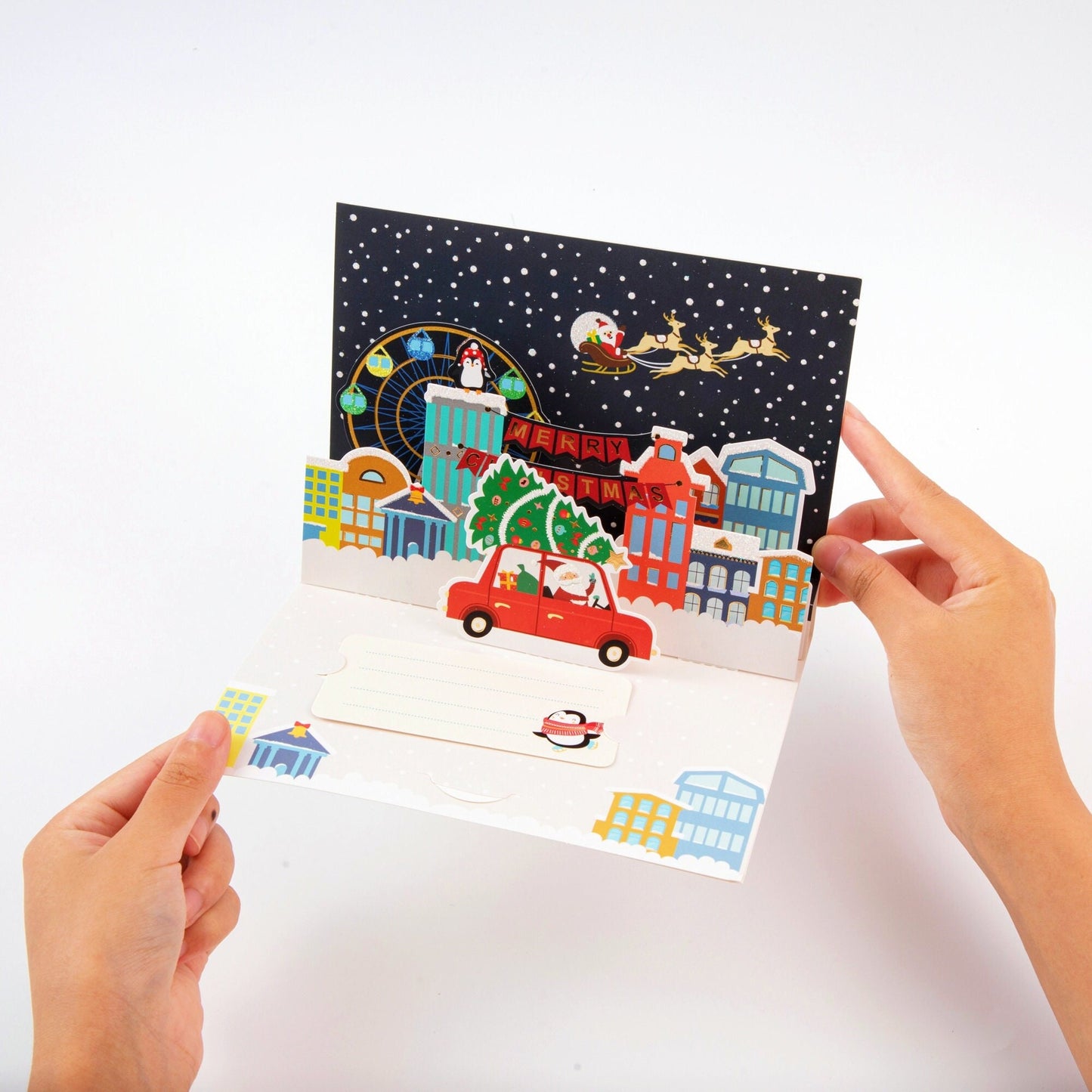 Whimsical Winter Town - Merry Christmas Pop Up Greeting Card with Envelope - Unique 3D Holiday Greeting Card