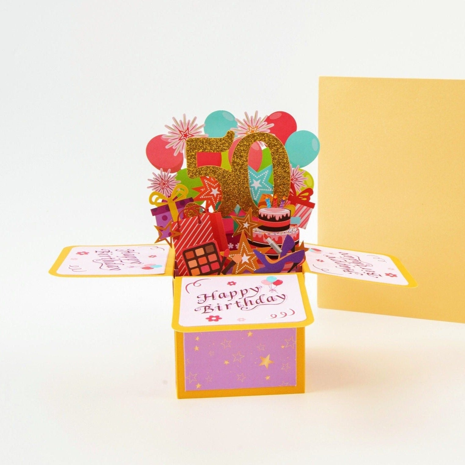 Happy 50th Birthday Surprise Box - Pop Up Birthday Card with Envelope - Unique 3D Birthday Greeting Card