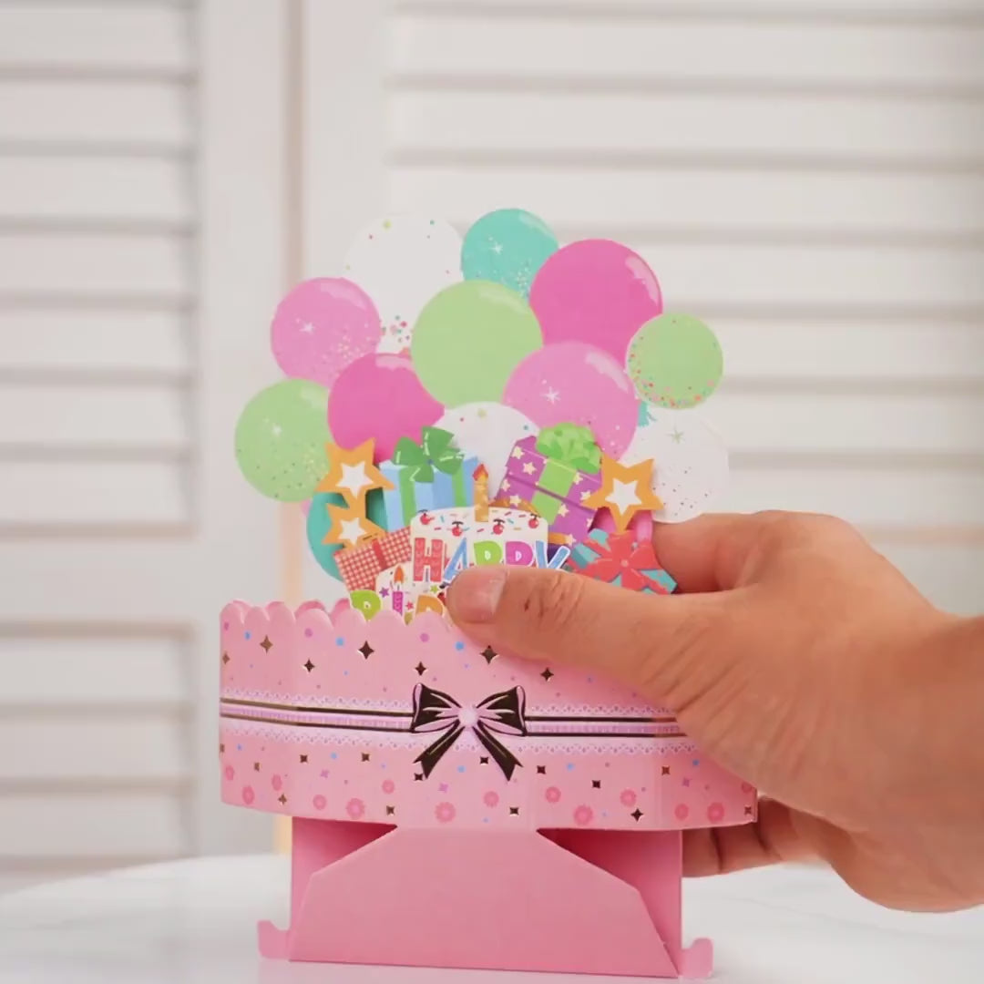 Pink Balloon Surprise - Pop Up Birthday Card with Envelope - Unique 3D Birthday Greeting Card