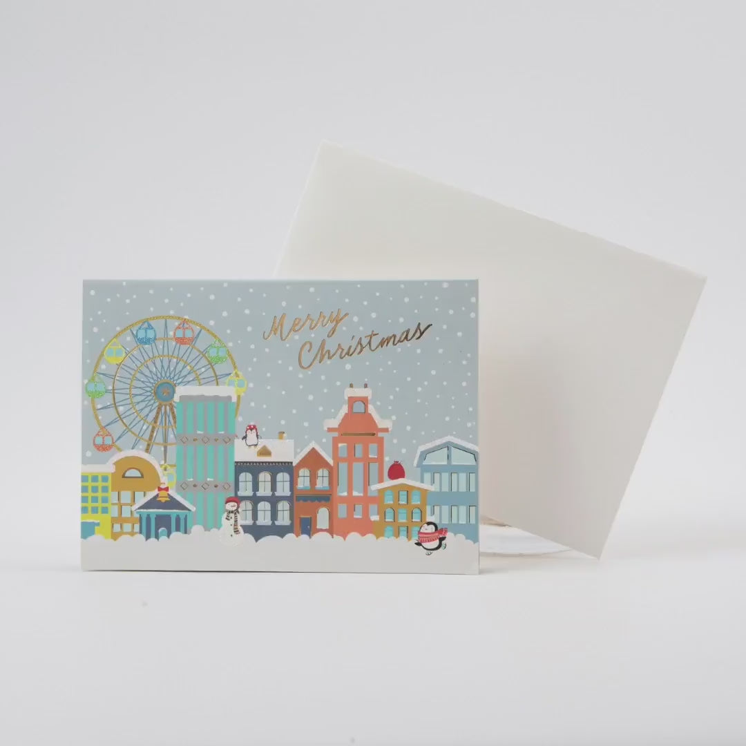 Whimsical Winter Town - Merry Christmas Pop Up Greeting Card with Envelope - Unique 3D Holiday Greeting Card